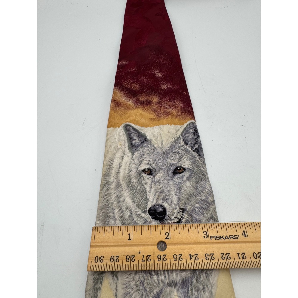 Endangered Species Arctic Wolf Silk Tie Bonnie Marris Vintage 1996 Burgundy Gray - Picture 5 of 7